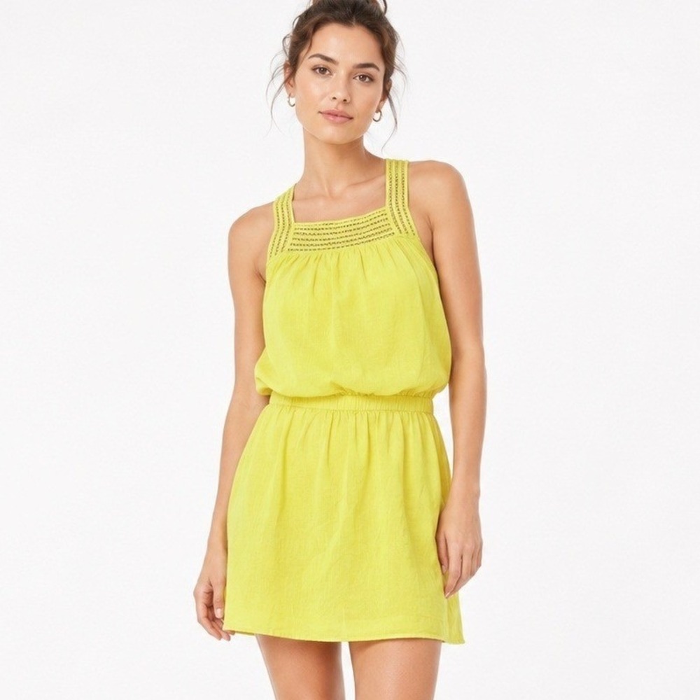 Susana Monaco Dress Women Neon Yellow Crochet Back Mini Elastic Waist Cotton 4